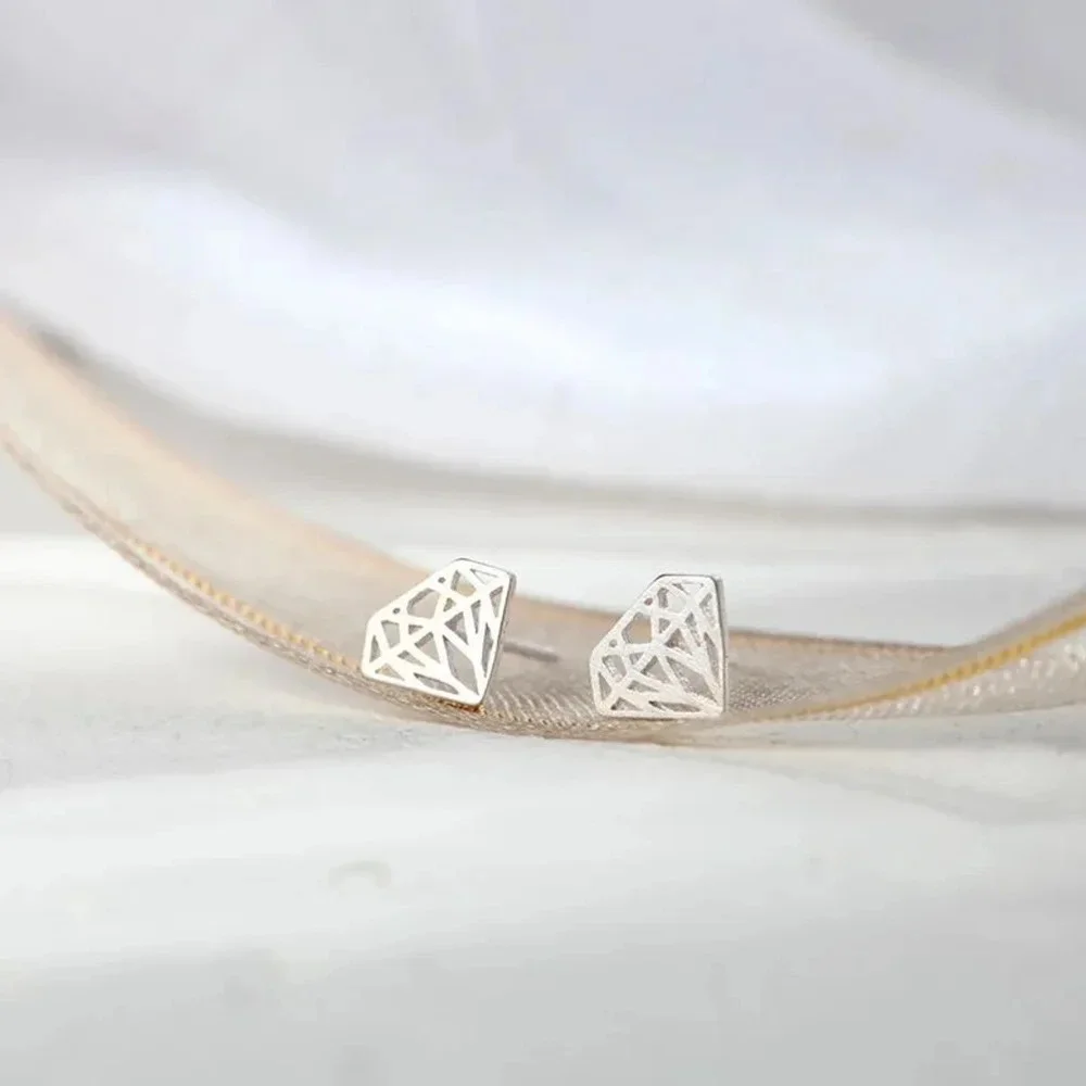 Women Hollow Diamond Earrings 925 Sterling‎ Silver Studs